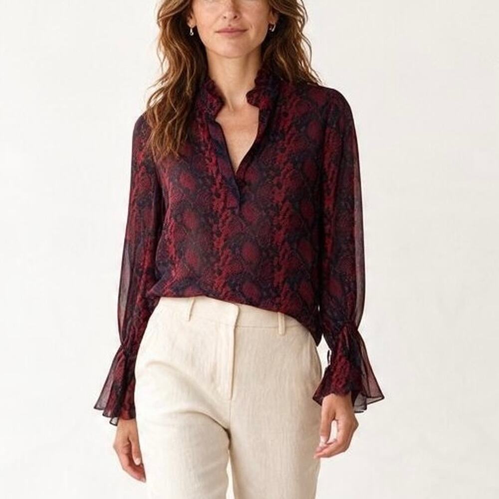 Nili Lotan Demi Blouse Top Silk Snakeskin Sheer Tie Cuff Ruffle Collar Size XS